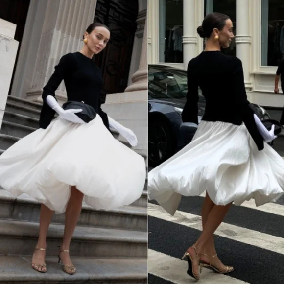 Simkhai Kenlie Midi Dress Black White Ribbed Knit Taffeta Bubble Hem Size S - Picture 11 of 12